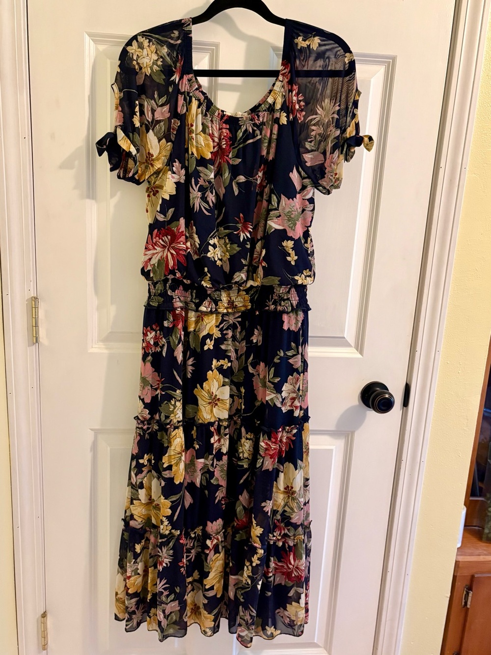 Navy Floral Maxi Dress with Short Ruffle Sleeves - Picture 7 of 9